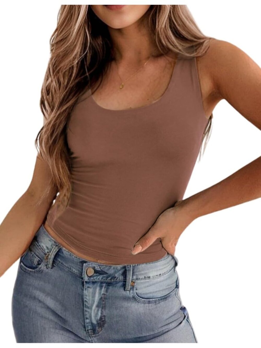 Women's Brown Sleeveless Double Lined Tank Top Square Neck Shirt Crop Tops